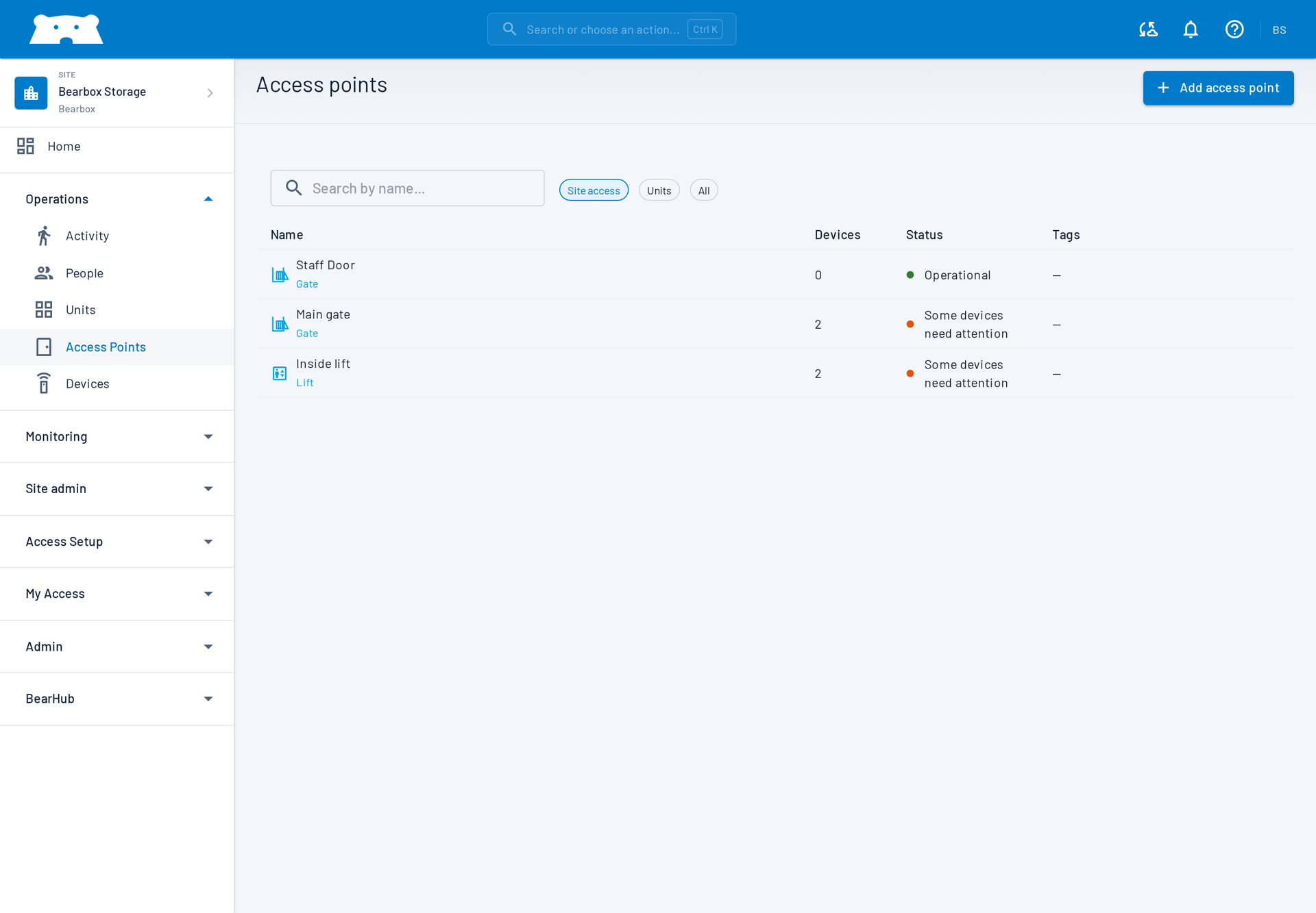 Real Bearbox Portal Access points view listing gates and a lift with device health states
